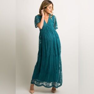 PinkBlush Teal Lace Mesh Overlay Maternity Maxi Dress